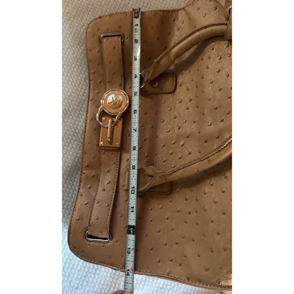 Michael Kors Hamilton Large Ostrich Embossed Leather Satchel Tote Tan Beige